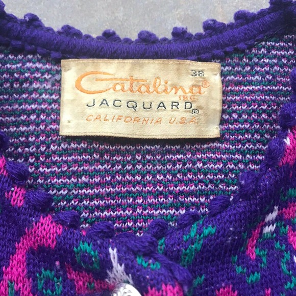 Catalina Jacquard Cardigan Vintage Sz 38 Small Knit Pink Purple Art Deco 50s 60s - Picture 3 of 6